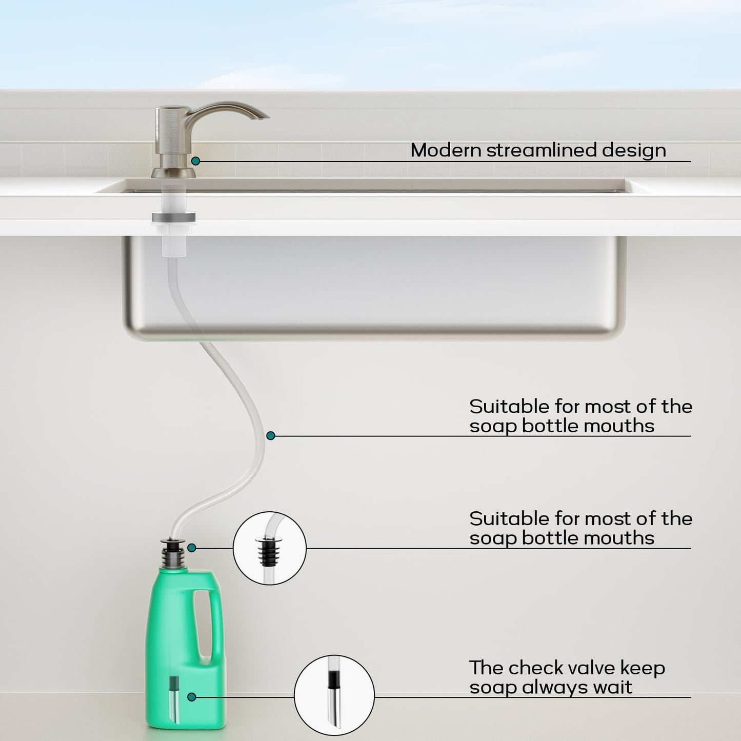 SAMODRA Built-in Kitchen Sink Soap Dispenser with Extension Tube Kit - Brushed Nickel Finish, Leak-Proof Design, No Top Refill Required (39" Tube)