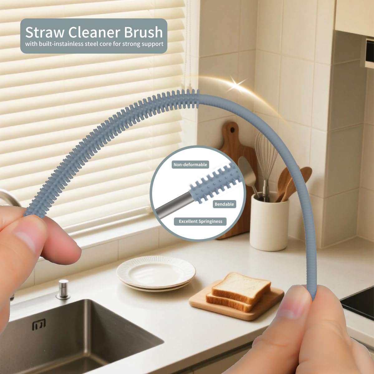 4PCS Silicone Straw Cleaner Brush, Reusable Straw Brush Extra Long for Cleaning Glass Metal Smoothie Straws and Cups, Non-Slip Handle Soft and Bendable, 2 PCS 6mm+2 PCS 9mm, Grey