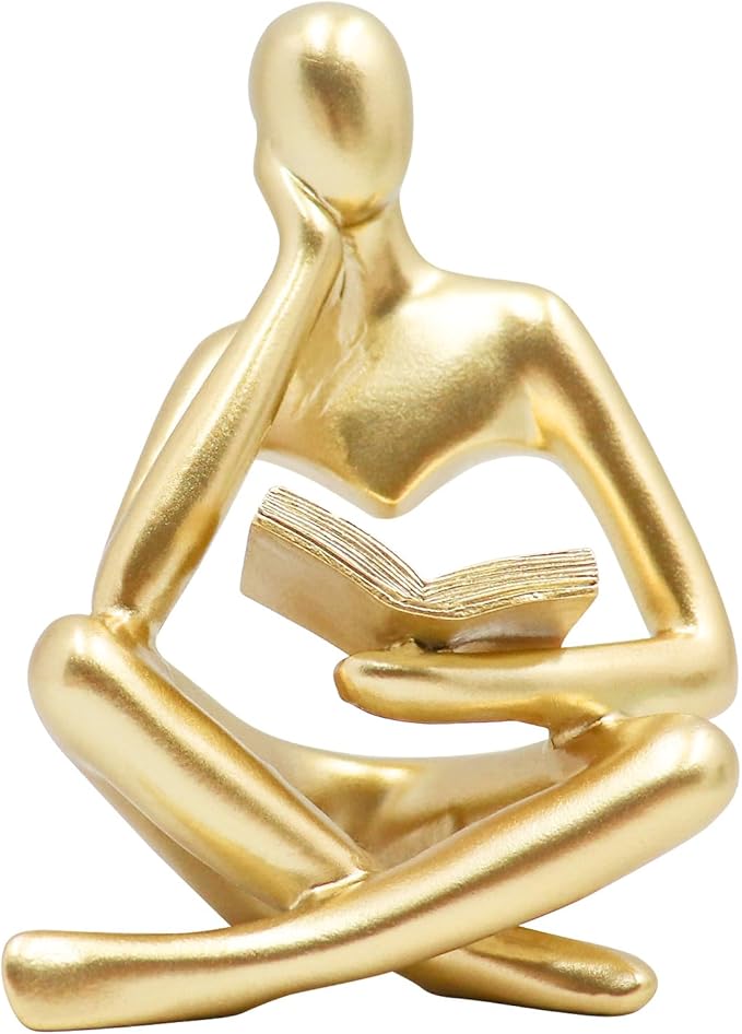Bookshelf Decor, Golden Reading Thinker Sculpture Figurine, Coffee Table Decor, Entry Way Table Home Decor, Decorative Statue for Living Room, Office, Bedroom, Gift