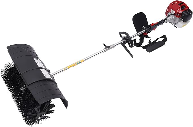 Gas Power Sweeper Hand Held Broom, 52cc 2-Stroke 2.3HP 1.82M Artificial Turf Broom, Aluminum Alloy Walk Behind Sweeper Cleaning Driveway Tools, Leaf Collector Lawn Sweeper, Black & Red