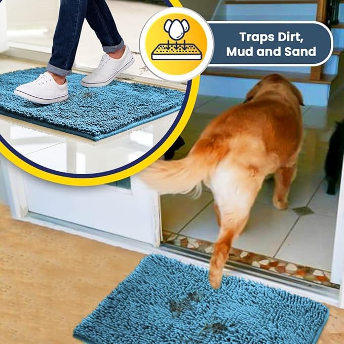 Muddy Mat® | Super Water Absorbent Door Mat Indoor, Microfiber Quick Dry Chenille Entryway Rug, Slip Resistant Front Door Mat, Indoor Mats for Entryway, Machine Washable Pet Rug, Sky Blue 32" x 44"