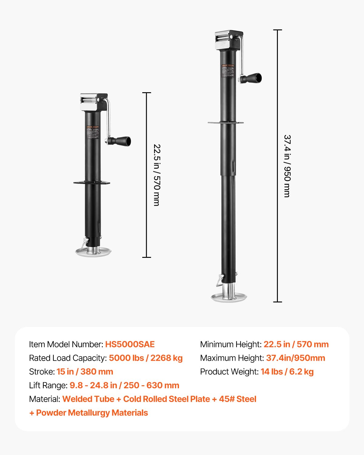 VEVOR 5000 lbs A-Frame Trailer Jack, 15" Vertical Travel, Adjustable Drop Leg, for Horse, Utility, Yacht Trailers