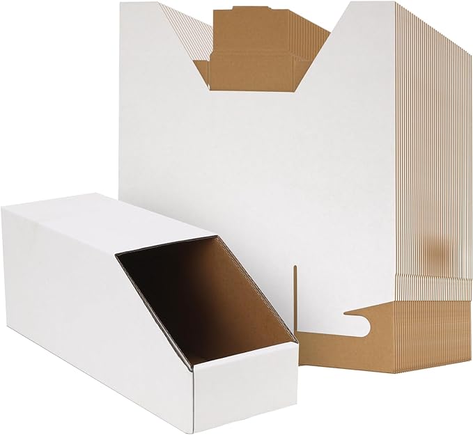 EXYGLO Stackable Cardboard Storage Bins 30 Pack, 12x4x4.5 Inch Cardboard Boxes with Lid, Corrugated Organizer Bins for Pantry, Shelves, Garage, Office, Shop, White