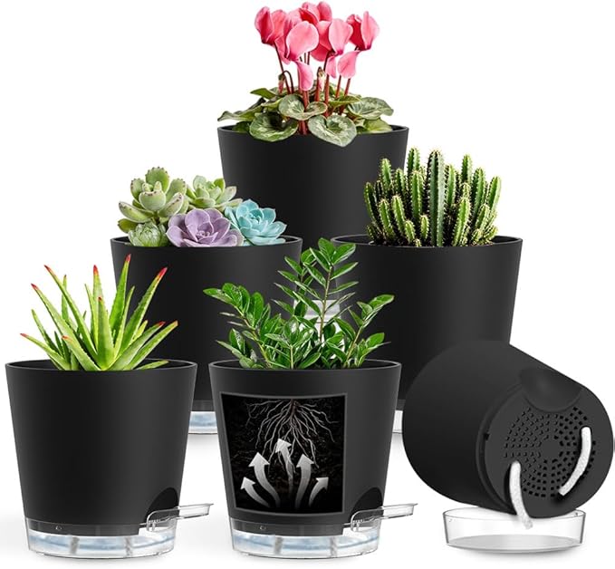 Self Watering Pots for Plants, 2026 New Flower Plant Pots with Drainage Holes, Wicking and Clear Reservoirs for Succulent, Aloe, Cacti and Others - 6 Pack (Black, 4")