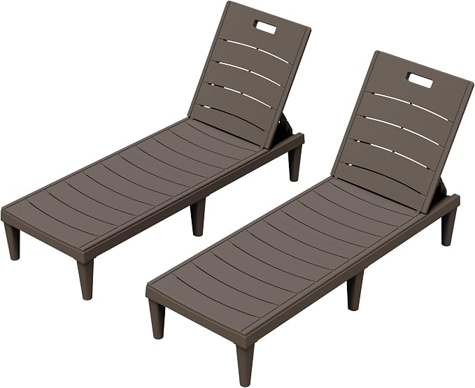 Greesum Outdoor Chaise Lounge Chairs Set of 2 with 5-Position Adjustable Backrest, Waterproof PP Sun Chaise Loungers for Garden Pool Beach Patio Deck Sunbathing, Brown