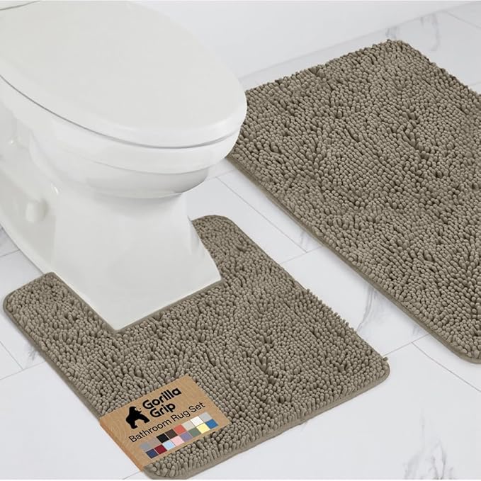 GORILLA GRIP Bathroom Rug Sets, Soft Chenille 2 Piece Area Rugs Set, Toilet Base Mat and 30x20 Carpet, Absorbent Microfiber Washable Mats Dry Quickly, Home Décor and Bath Room Accessories, Latte