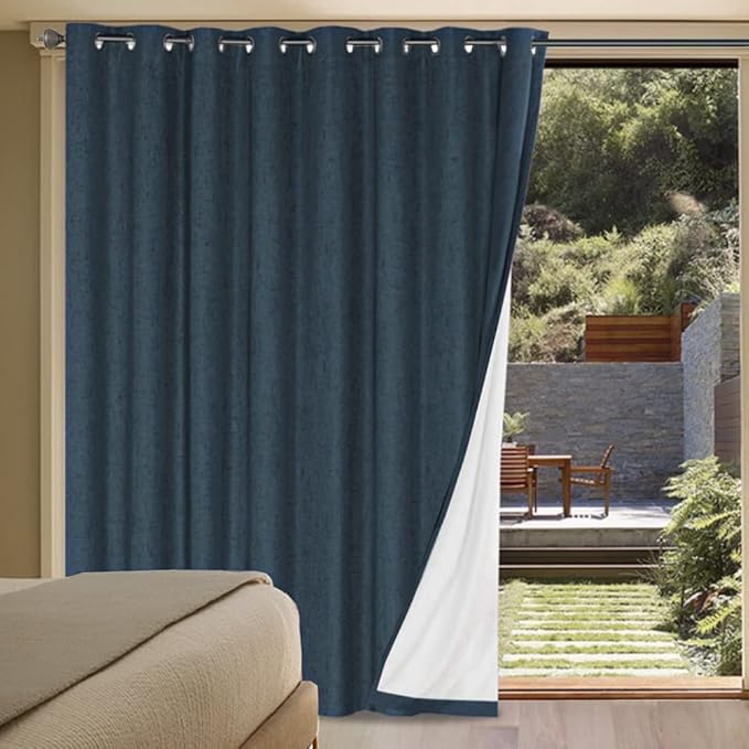 H.VERSAILTEX Linen Blackout Curtains Durable Thick Textured Linen Look 100% Blackout Patio Door Curtain Anti Rust Grommet Extra Wide Sliding Door Curtain Panel, 100 inch W X 108 inch L - Navy