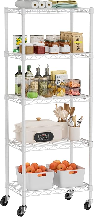 Small 5 Tier Shelves Storage Wire Shelving Unit Metal Shelf Adjustable Organizers Storage Shelving with Wheels for Bathroom Laundry Room Kitchen Pantry12”D x 18”W x 57.2”H White