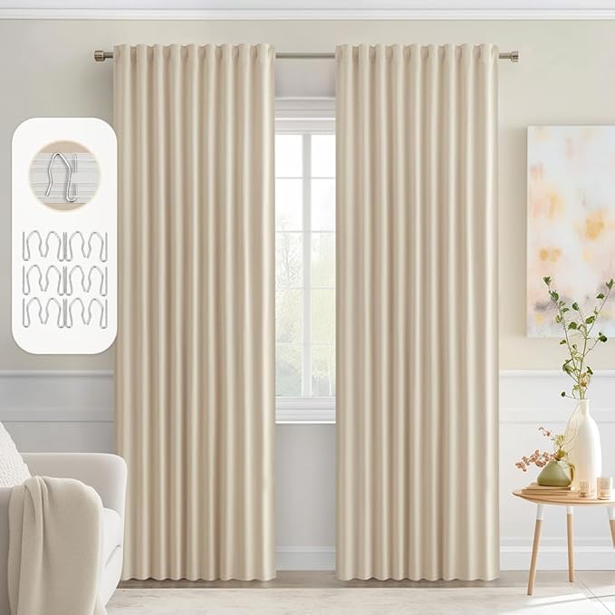 MIULEE Back Tab Cream Beige Curtains 90 Inch Long 2 Panels Set