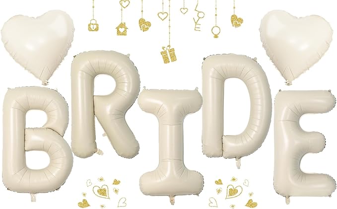 40inch Beige BRIDE Letter Balloons, Giant Cream White Sand Bride Foil Helium Balloon Banner with Heart Balloon for Bride to Be Wedding Engagement Bridal Shower Nude White Bachelorette Party Decoration