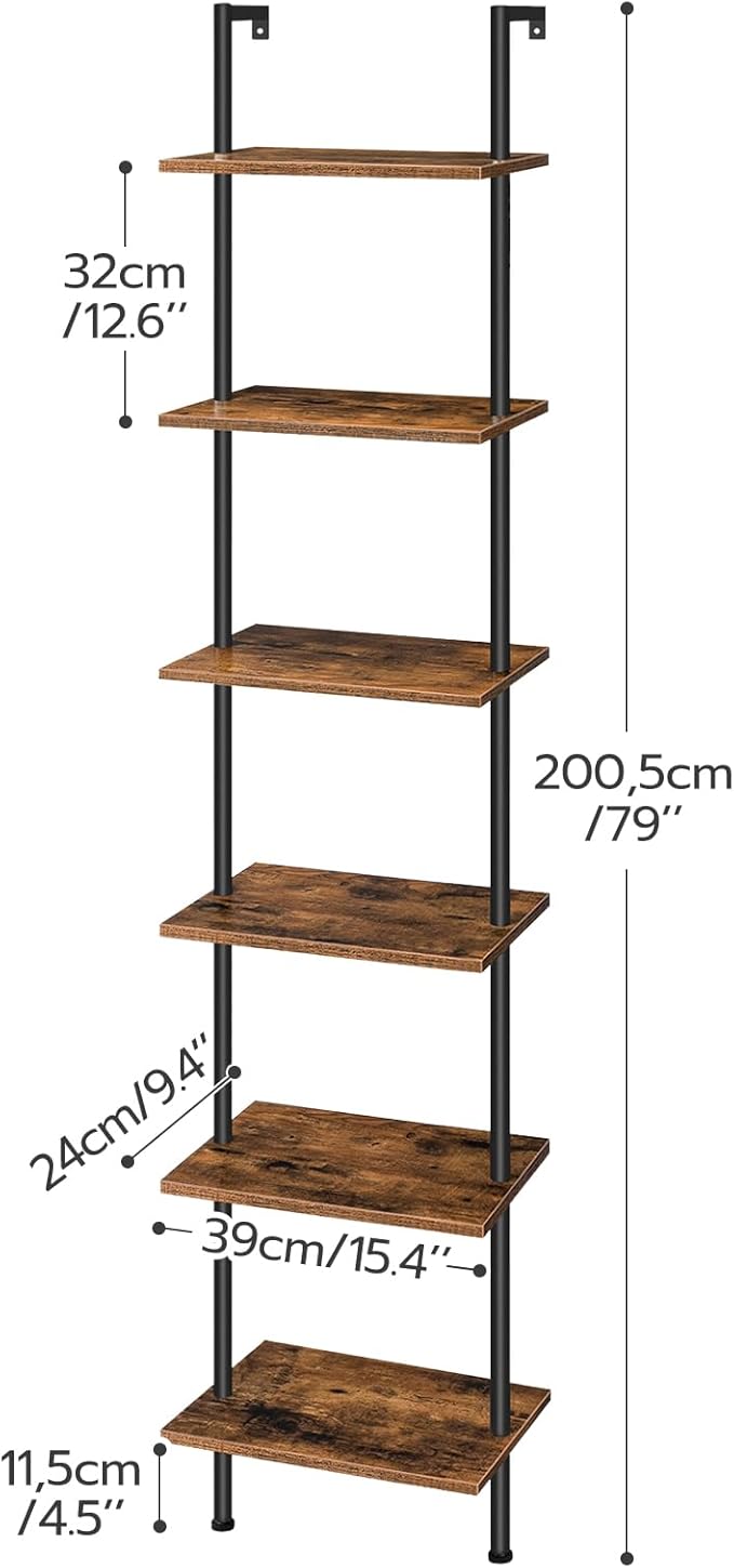 HOOBRO DIY Ladder Shelf, 6-Tier Wooden Wall Mounted Bookshelf, Narrow Bookcase