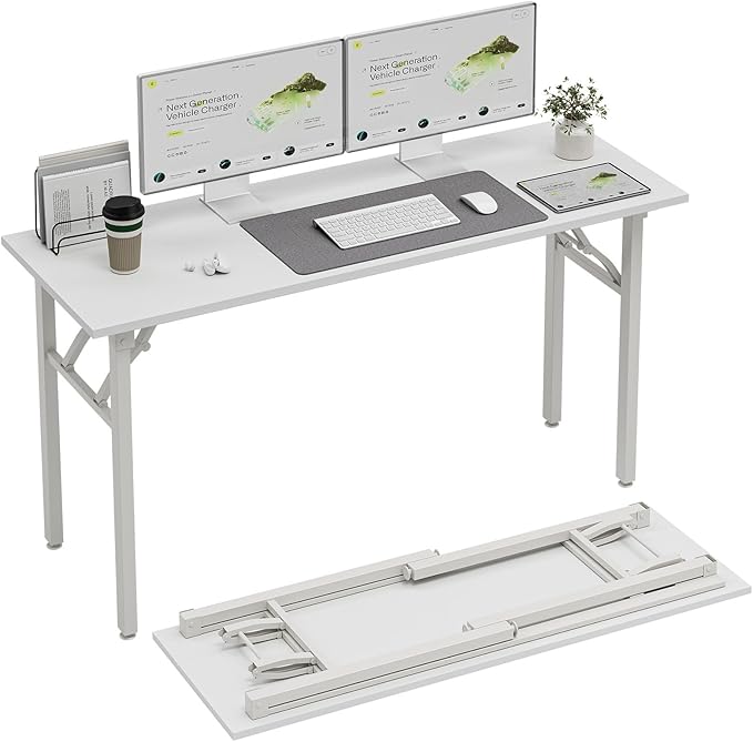 TEMI Long Computer Desk Folding Table - 55.1" Foldable Office Desk, No Assembly, Perfect Writing Table for Bedroom or Apartment, Portable Large Desk or Study Table with Compact Design, White Ash