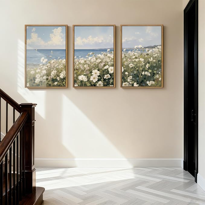 Anyzal Large Farmhouse Flower Framed Wall Art 16x24 Inch Coastal Wildflower Canvas Wall Decor Modern Landscape Painting for Living Room Bedroom Dining Room Set of 3