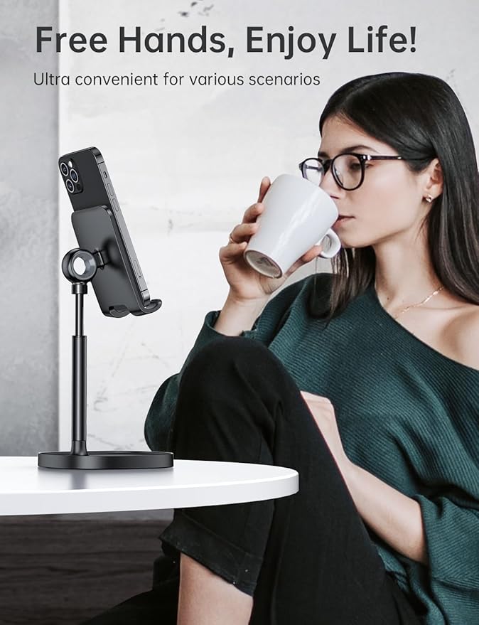 LISEN Cell Phone Stand Adjustable Phone Holer for Desk, Computer Office Desk Accessories for iPhone 16 Holder Women Kitchen Essentials Fits Switch Kindle iPads Tablet 4-10in (Full Black)