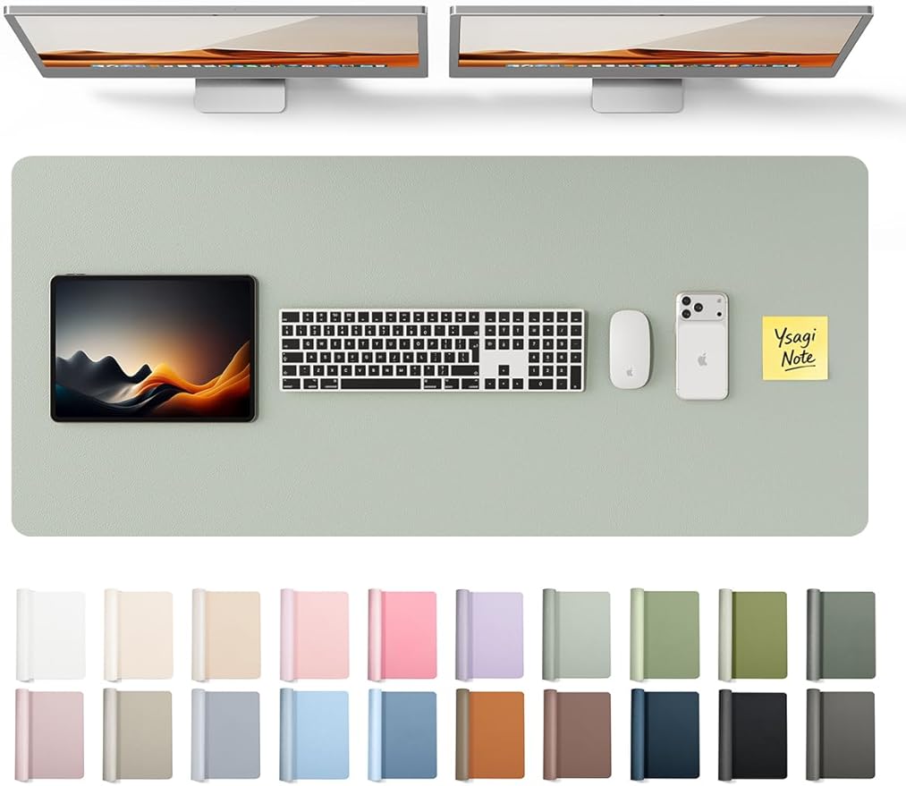 YSAGi Leather Desk Pad Protector, Office Desk Mat, Large Mouse Pad, Non-Slip PU Leather Desk Blotter, Laptop Desk Pad, Waterproof Desk Writing Pad for Office and Home (Grayish Green, 47" x 17")