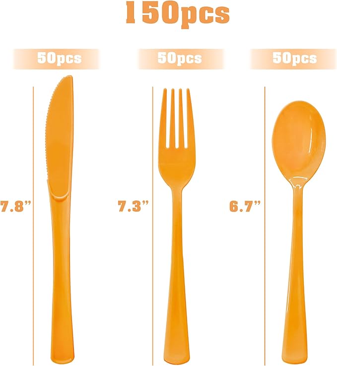 150 Pcs Orange Plastic Silverware, Orange Plastic Cutlery Disposable Includes 50 Forks, 50 Spoons, 50 Knives for Birthday, Fall Party,Halloween, Thanksgiving