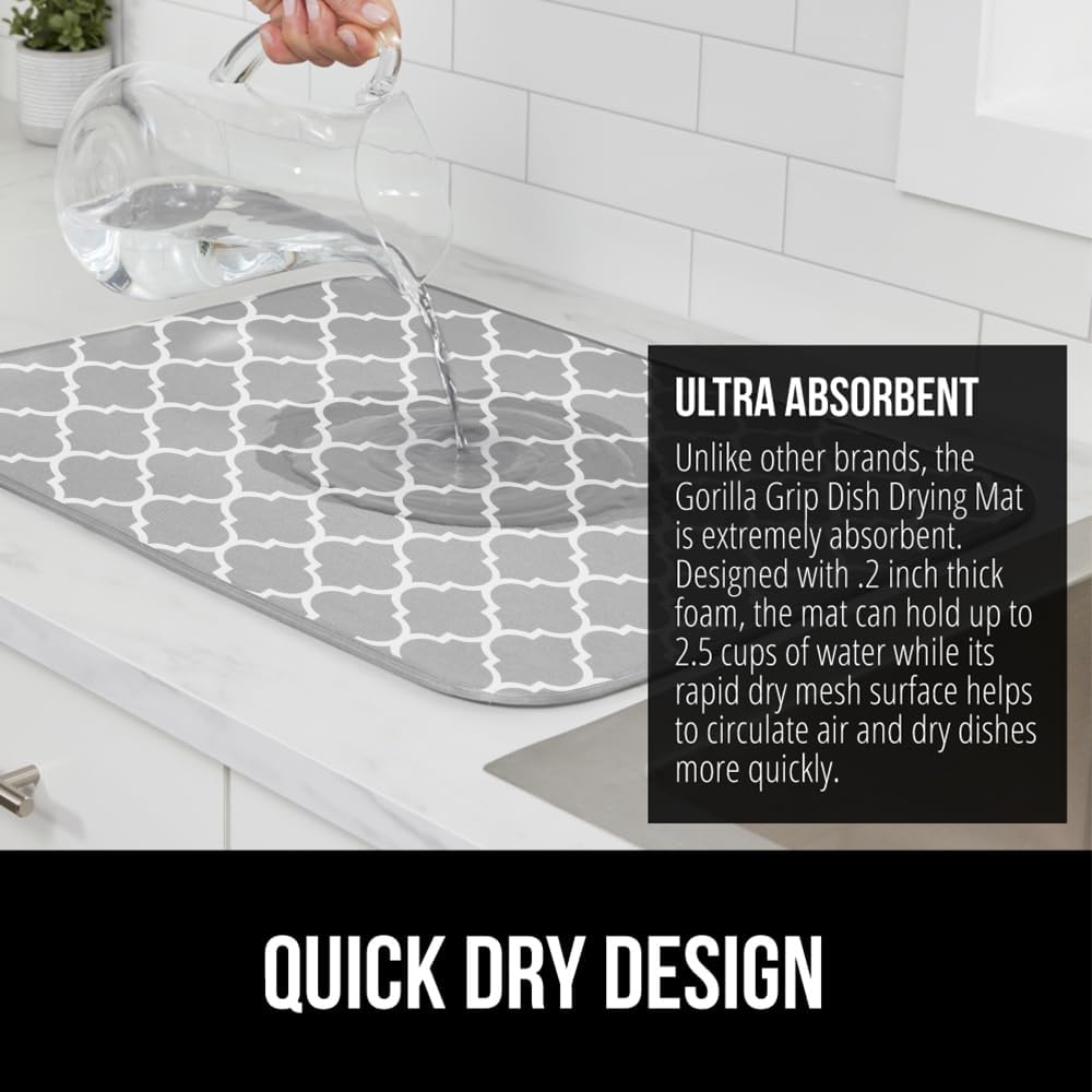 GORILLA GRIP Ultra Water Absorbent Microfiber Dish Drying Mat, 18x24, Quick Dry Mesh, Slip Resistant Pad for Sink Dishes or Under Rack, Kitchen Counter Accessories, Machine Wash, 2 Pack Quatrefoil