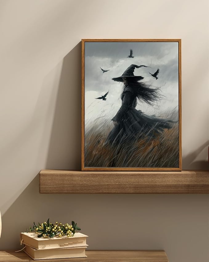 InSimSea Framed Canvas Prints Art Vintage Decor, Witch Gothic Moody Painting, Rustic Dark Academia Wall Art for Bathroom, Halloween Living Room Witchy Room Wall Cottagecore Decor, 12x16inch