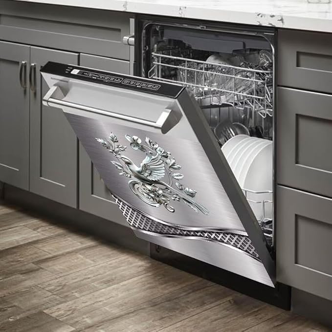 Stainless Steel Design Bird Painting Dishwasher Cover Magnetic Sticker Refrigerator Door Panel Cover Fridge Appliance Magnet Decal Sheet 23x17 inch