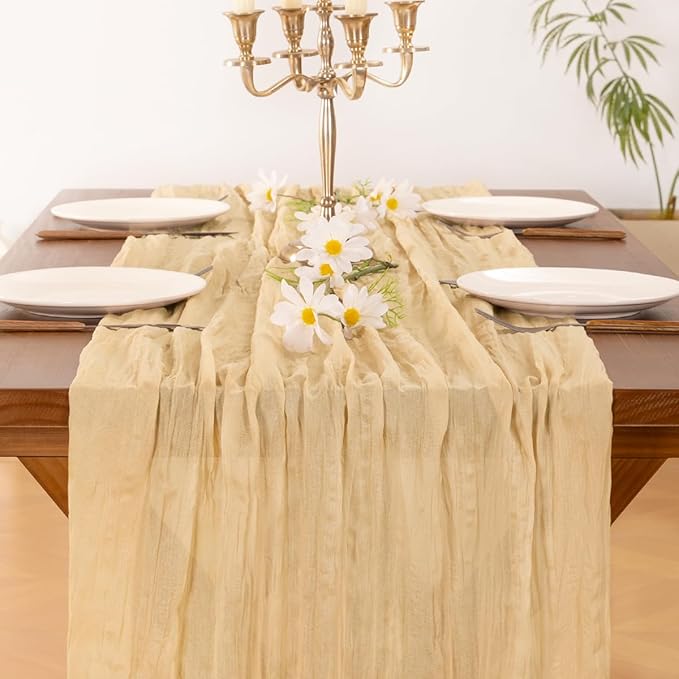 Socomi 6pcs Gold Champagne Cheesecloth Table Runner Fall Thanksgiving Boho Rustic Gauze 120 inch 10FT Cheese Cloth Runner for Wedding Party Baby Shower Birthday Home Decor Holiday Decorations