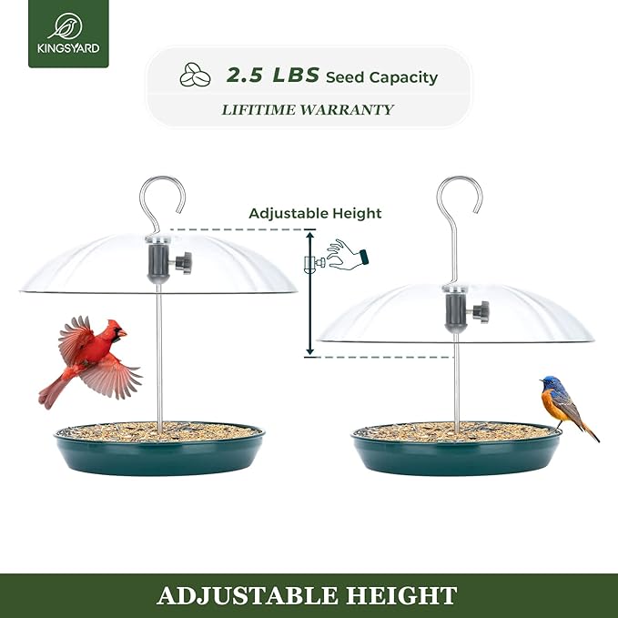 Kingsyard Adjustable Platform Bird Feeder for Outdoors, Hanging Metal Seed Tray with Clear Rain Proof Dome, Large Capacity for Wild Bluebird Cardinal Dove Mealworm, Green