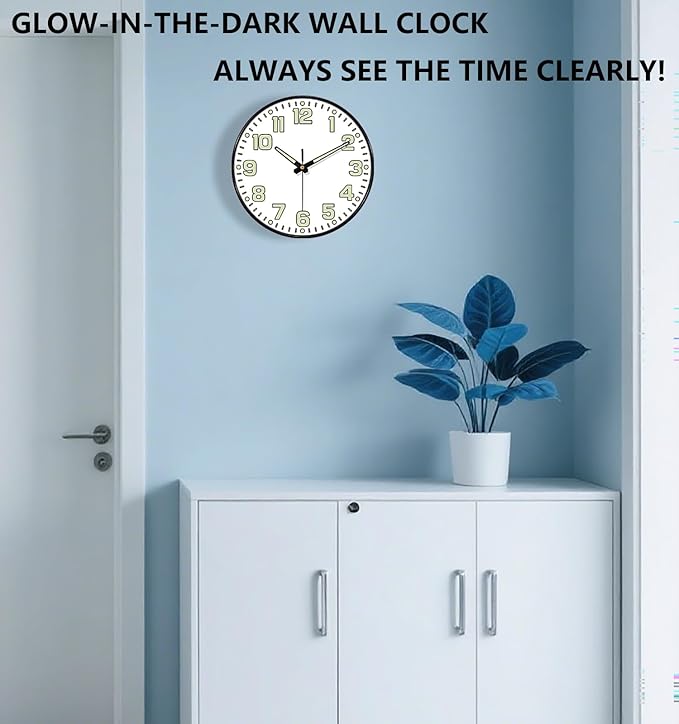 Glow in The Dark Wall Clock Non Ticking, 10 inch Silent Wall Clocks Battery