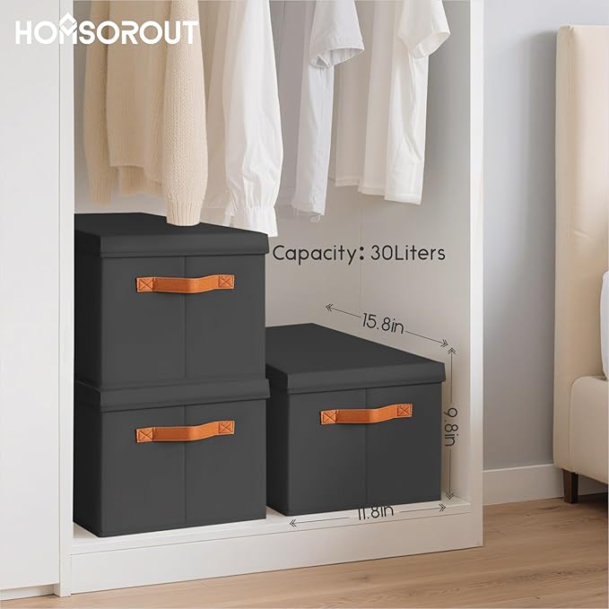 Storage Bins with Lids - Large Fabric Closet Bins with Lid, 5 Pack Clothes Organizers and Storage, Collapsible Stackable Cube Basket for Home, Office, Dorm, Black