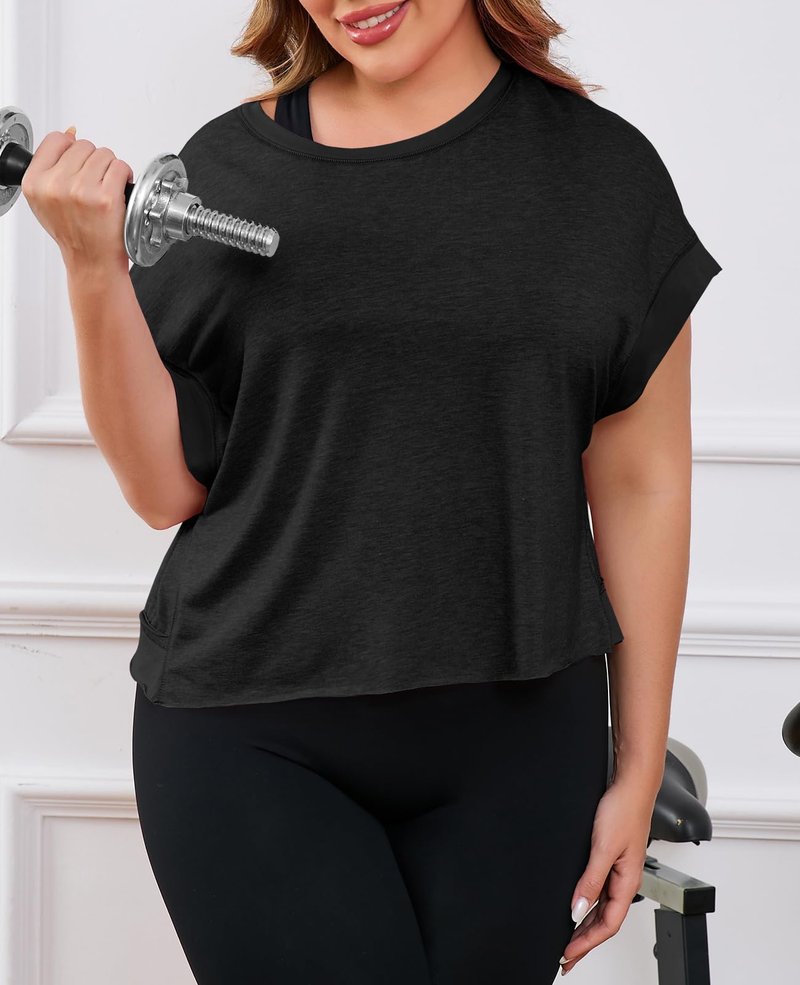 Fisoew Womens Plus Size Open Back Workout Tops Backless Short Sleeve Athletic Shirt Running Crop Top Gym Yoga T-Shirt Black
