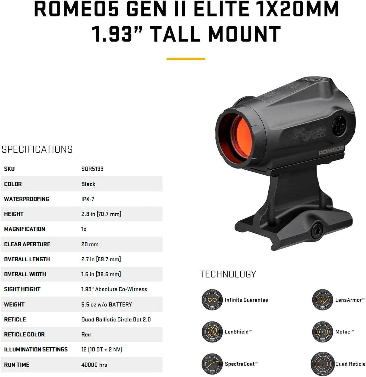 SIG SAUER ROMEO5 GEN II Red Dot Sight - 1x20mm, MOTAC, IPX-7 Waterproof, Multi-Coated Lens, 12 Settings