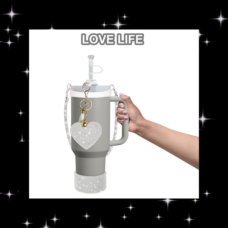 VirgoCCY 5PCS Stanley Cup Accessories Set 30&40 Oz, Includes 1 Diamond Silicone Boot, 1 Glitter Handle Strap, 1 Straw Covers,1 Straw Adapters Charm Blank with 1 Glitter Charms, Silver