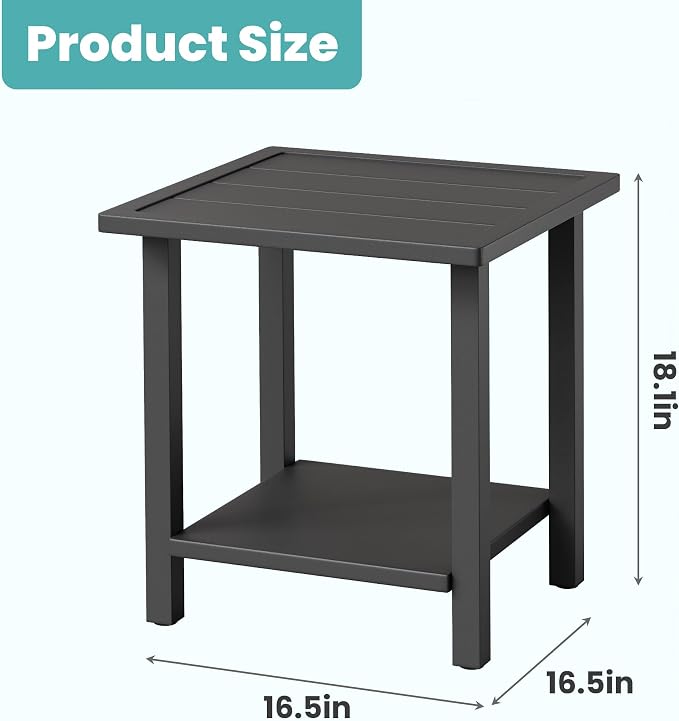 Outdoor Large Square Side Table, Heavy-Duty Metal Patio End Table, Weather Resistant Poolside Table with Easy Assembly for Balcony, Deck, Backyard (Dark)