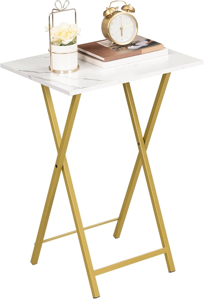 HOOBRO Folding TV Tray Tables, Set of 2 Side Table for Small Space, Industrial Snack Tables for Eating at Couch, Stable Metal Frame, Easy Assembly, Space Saving, Marble and Gold DM25BZ01