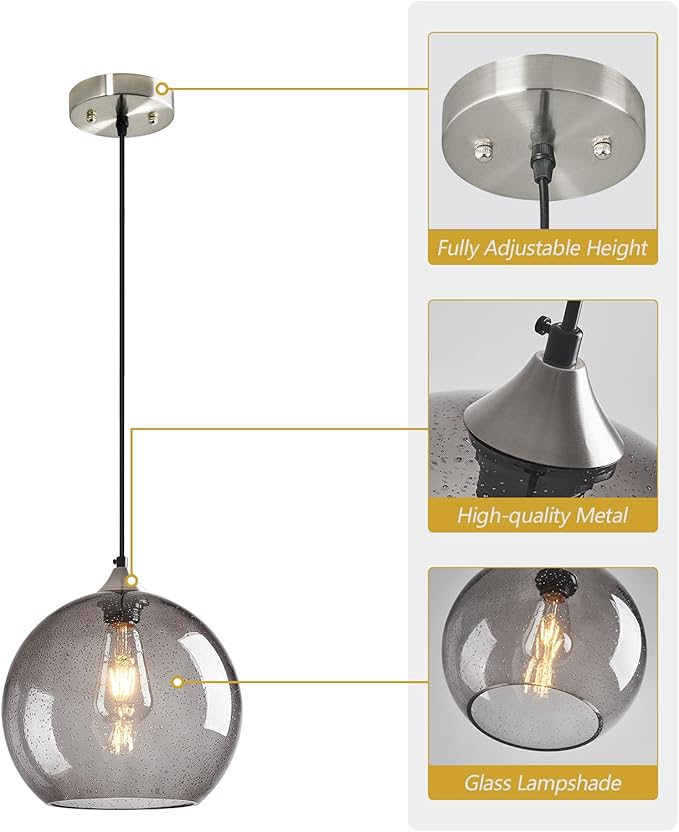 Light Grey Glass Pendant Lights Kitchen Island Globe Pendant Light Fixtures Modern Pendant Lighting for Bedroom Living Dining Room Light Fixture (9.84 in, 2 Pack)