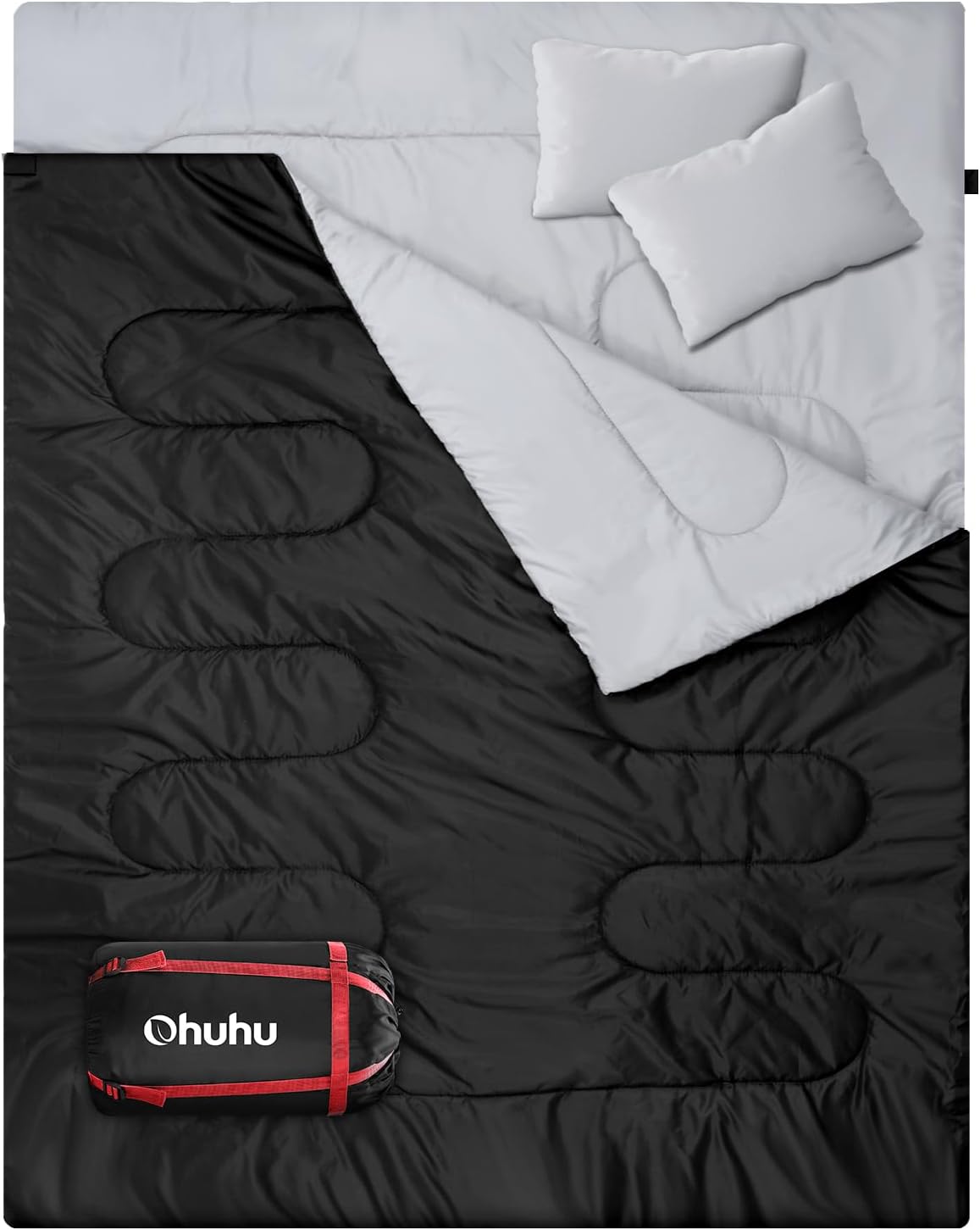Queen Size Ohuhu Double Sleeping Bag for 2 - 3 Season Waterproof Camping with 2 Pillows, 87'' x 60''