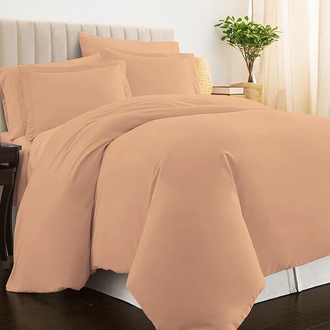 Pizuna Pure 100% Cotton Queen Duvet Cover Set, Luxurious 400 Thread Count Long Staple Cotton Sateen Weave with Button Closure (Combed Peach Cotton Duvet Cover Queen)