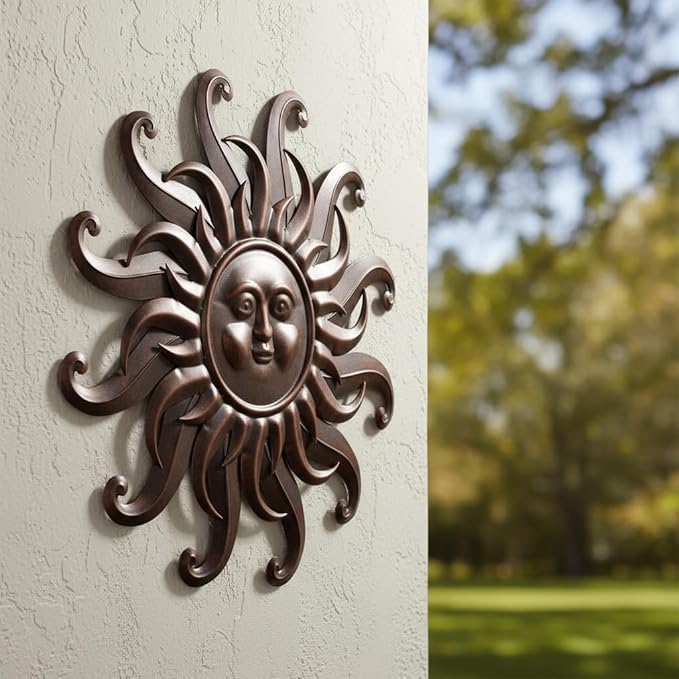 Comfy Hour 25" Bronze Metal Sun Face Wall Art, Antique Vintage Celestial Figurine Style Home Decor, Large Outdoor Garden Sculpture, Patio 3D Decor, Farmhouse Rustic,