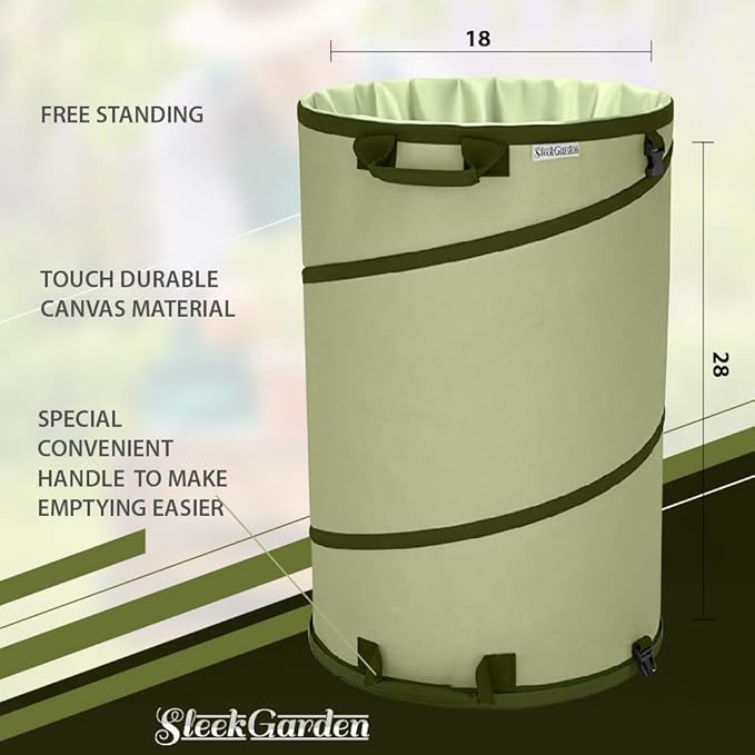 Collapsible -30 Gallon Canvas Garden Waste Bag -Pop-up Bucket Reusable Yard Leaf Bag Holder- Heavy Duty Hardshell Bottom – with Drain Holes for Lawn Pool Garden Camping Trash Debris Bag with Handles