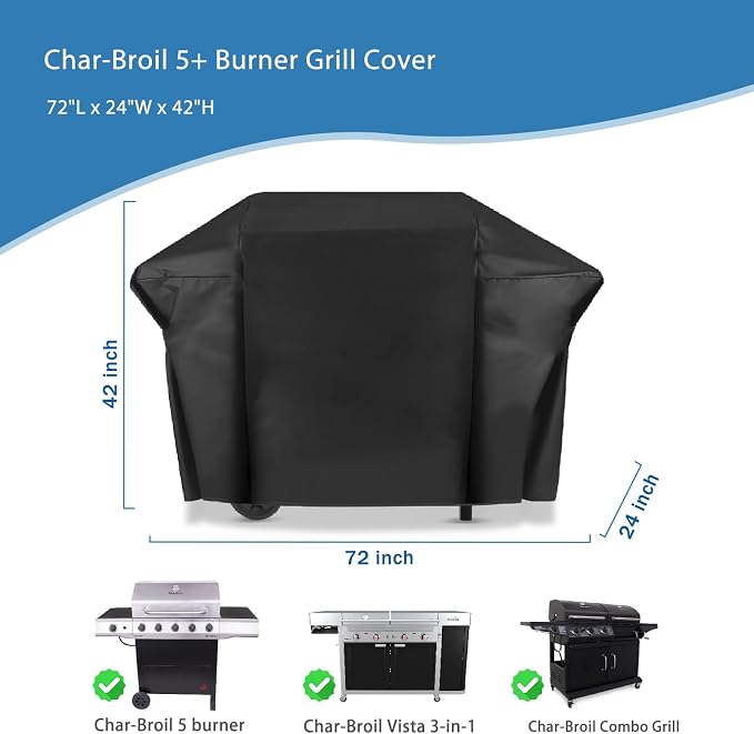 Grill Cover for Char-Broil 5/6/7 Burner Gas Grill, 72 Inch Outdoor Heavy Duty Waterproof Performance Barbecue Gas Cover for Charbroil and Smokers Up to 72 Inches Wide