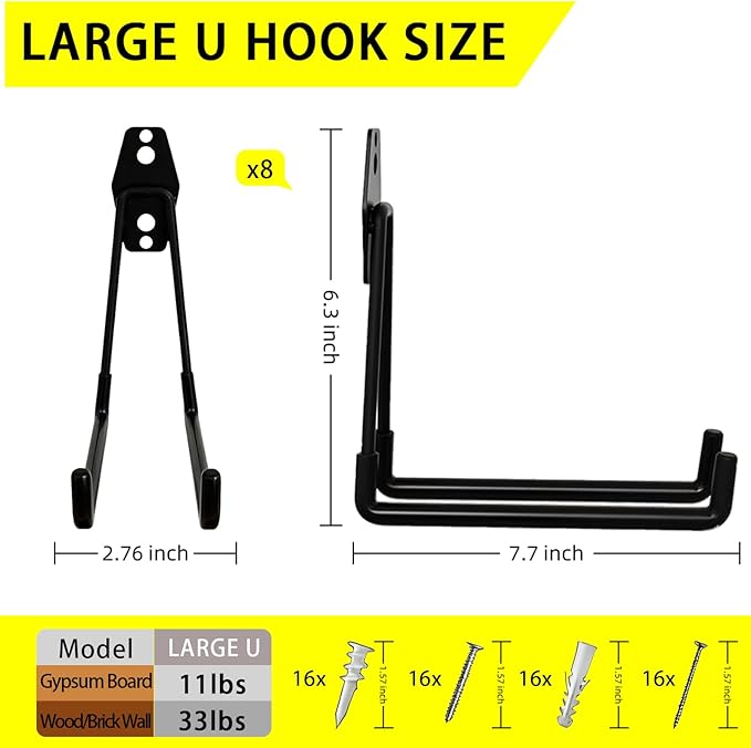 8 Pack Garage Hooks Heavy Duty with Anti-Slip Coating, Steel Utility Ladder Hooks for Hanging Garden Tools, Hoses, Ropes, Bikes and More (7.7in)