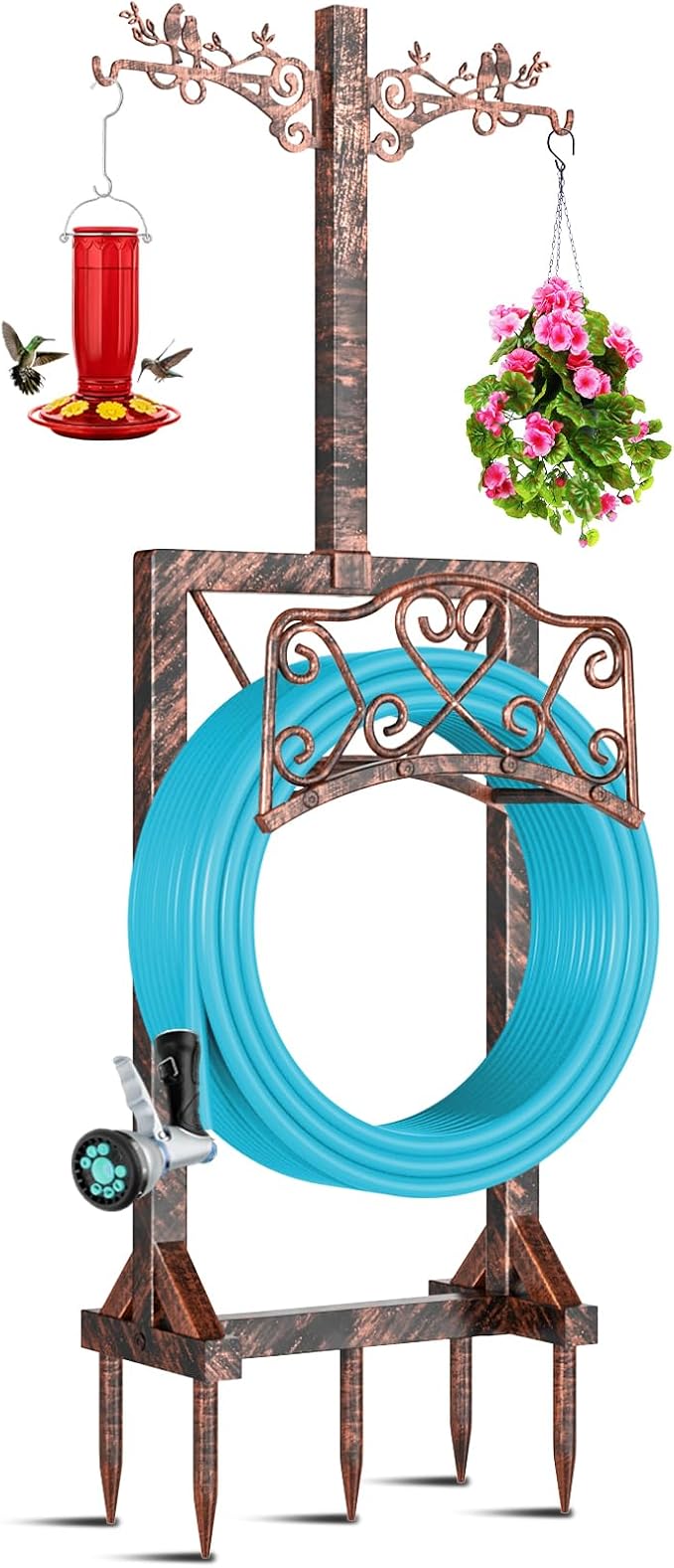 Garden Hose Holder with Shepherds Hooks,Detachable Water Hose Holder Holds 150 FT Hoses Freestanding Hose Reel with 5 Spikes Hoses Hanger Storage Stand for Outside Yard Lawn (Antique Bronze)