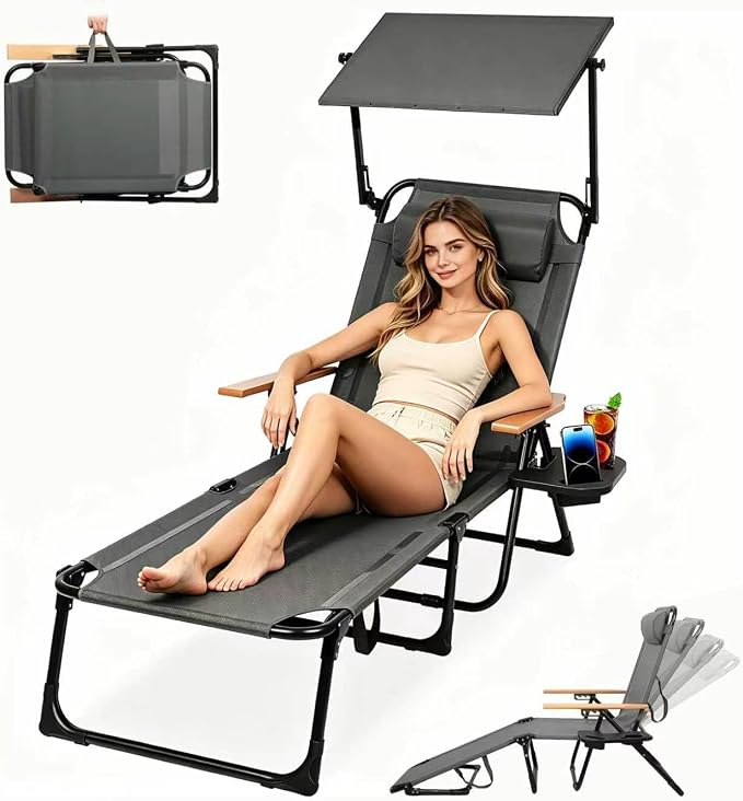 Beach Lounge Chair with Sun Shade, Folding Outdoor Chaise Lounge Chair with Arms, 4-Position Backrest, Extended Sun Tanning Chair Pillow & Cup Holder, Patio Lounger for Outside for Beach Pool(Gray-U)