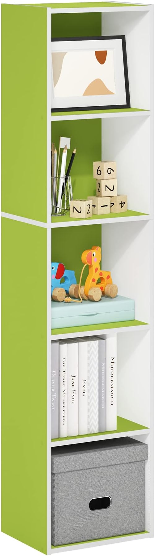 Furinno PASIR Book Shelf, 5-Tier Modern Bookshelf, Open Shelves Bookcase 9 x 12 x 52, for Living Room, Bedroom, Home Office, Green/White