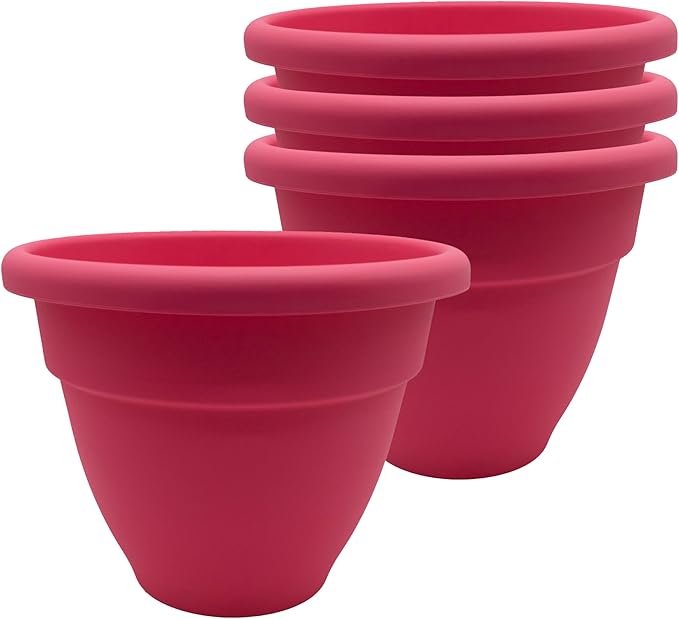 The HC Companies 8 Inch Caribbean Planter Pots with Drainage & Plug, Rolled Rim Plastic Planters for Indoor & Outdoor Plants, 4-Pack Decorative Flower Pots for Garden, Office & Home Decor, Pink Rose