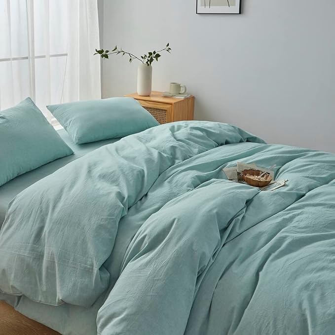 FACE TWO FACE Bedding Duvet Cover Set100% Washed Cotton Duvet Cover Linen Like Textured Breathable Durable Soft Comfy (King, Dusty Blue)