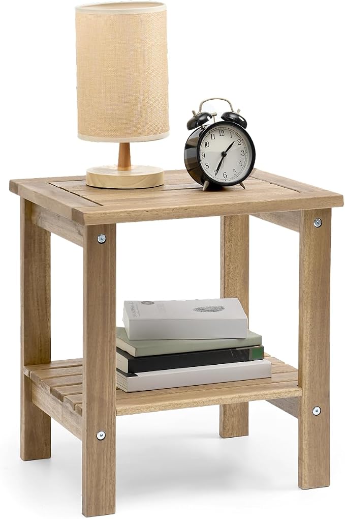 THYOI Premium Acacia Wood Outdoor Side Table, Adirondack Square Patio End Table with 2-Tier Storage Shelf, Weather-Resistant Small Table for Porch, Garden, Backyard, Poolside (White)