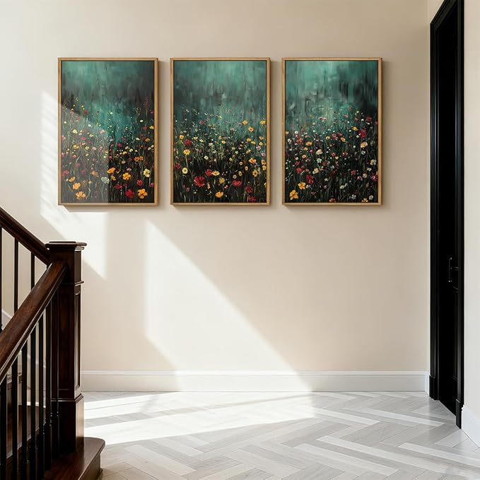 Anyzal Large Dark Moody Wildflowers Framed Wall Art 16x24 Inch Green Watercolor Floral Landscape Canvas Wall Decor Modern Botanical Prints for Living Room Bedroom Office Set of 3