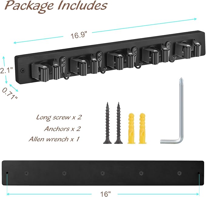 OUTNILI Mop and Broom Holder Wall Mount - Black Broom Mop Hanger - Wall Mounted Garden Tool Rack Organizer for Closet Garage Laundry Room Kitchen Decor With 5 Slots & 4 Hooks
