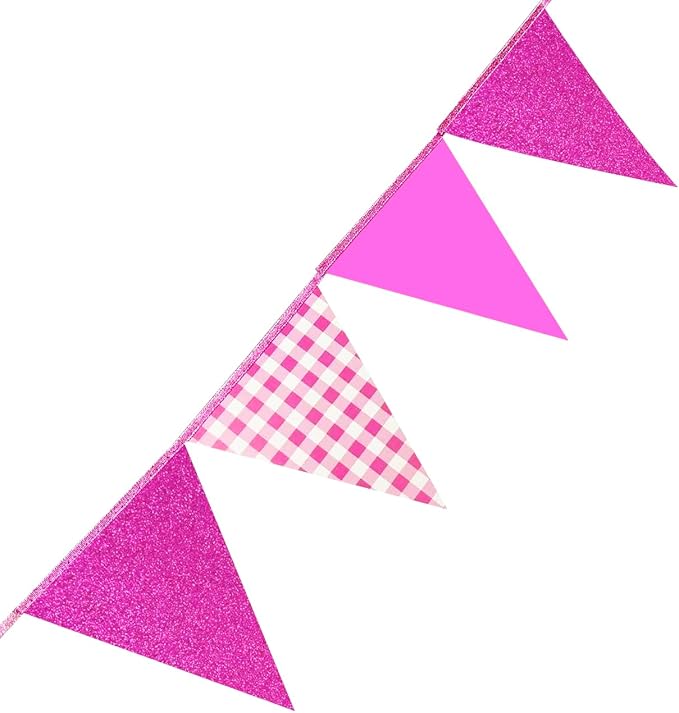 Hot Pink Buffalo Plaid Party Decorations Pennant Banner Flag Hot Pink Glitter Paper Triangle Hanging Bunting for Birthday Bachelorette Baby Shower Anniversary Wedding Bridal Shower Hen Party Supplies