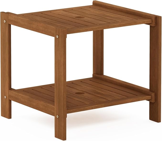 Furinno TIOMAN Patio Table, Mississippi Outdoor Side Table, Coffee Table with Umbrella Hole, for Patio, Garden, Porch, Light Wood