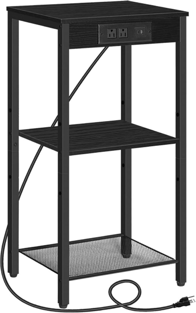HOOBRO Tall End Table with Charging Station, 30 Inch Tall Nightstand, 3-Tier Small Side Table with Adjustable Shelf, for Living Room, Bedroom, Hallway, Black BB09UDH01G1